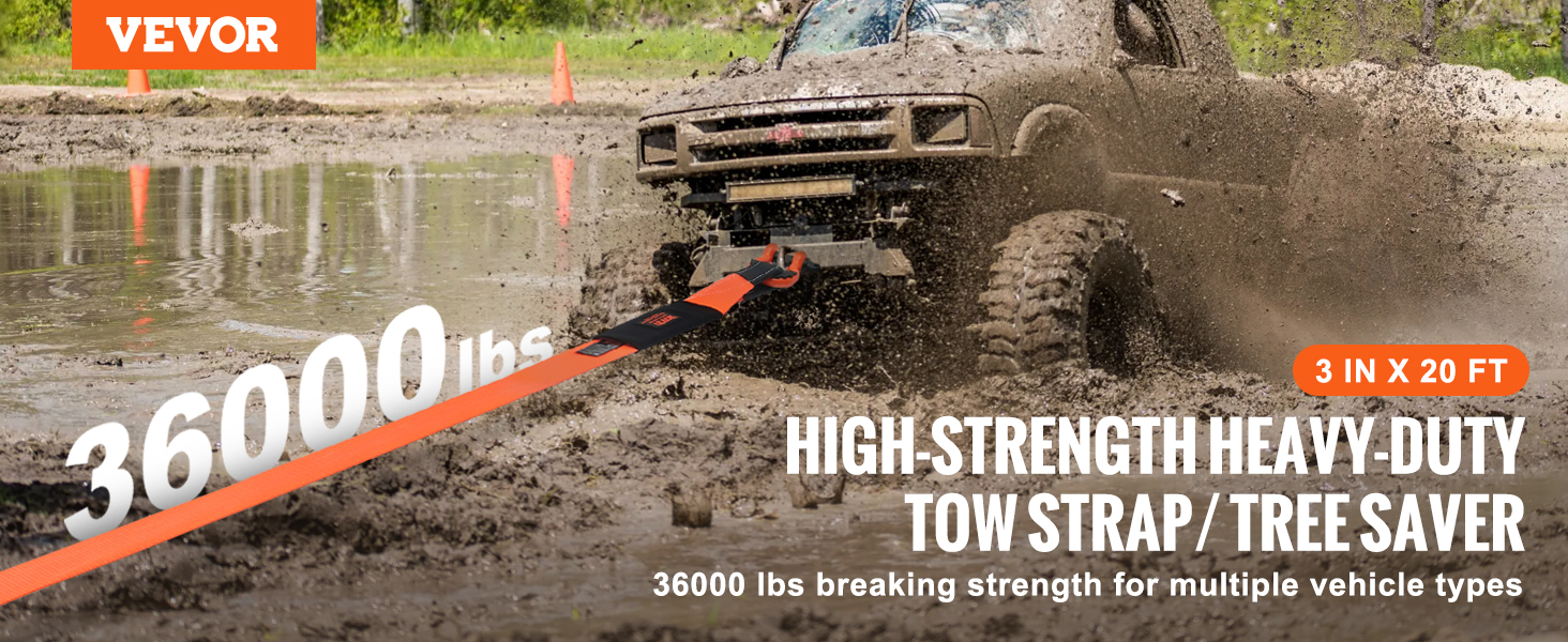 VEVOR heavy duty tow strap pulling a muddy vehicle, showcasing 36000 lbs strength, 3 in x 20 ft.