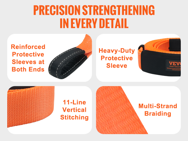 VEVOR heavy duty tow strap with reinforced sleeves, multi-strand braiding, and 11-line vertical stitching.