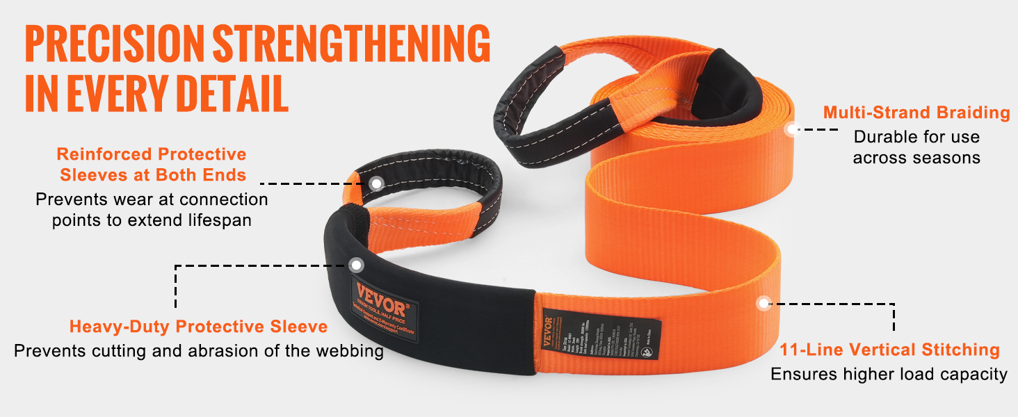 VEVOR heavy duty tow strap with reinforced sleeves, multi-strand braiding, and 11-line vertical stitching.