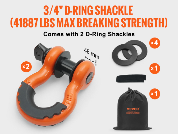 3/4" d-ring shackles set with VEVOR heavy duty tow strap, 41887 lbs max strength, and carrying bag.