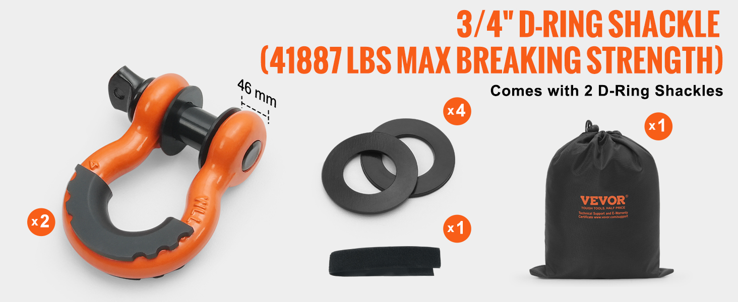 3/4" d-ring shackles set with VEVOR heavy duty tow strap, 41887 lbs max strength, and carrying bag.