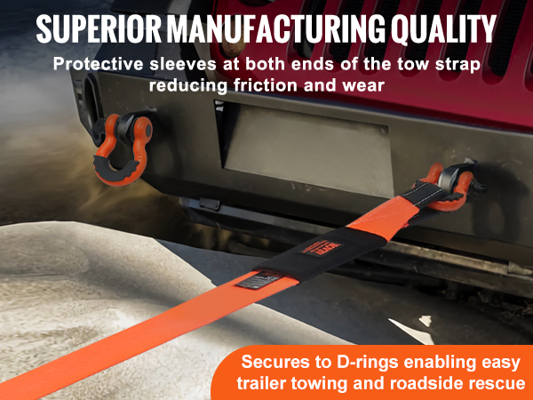 VEVOR heavy duty tow strap attached to red vehicle's d-rings, ideal for trailer towing and roadside rescue.