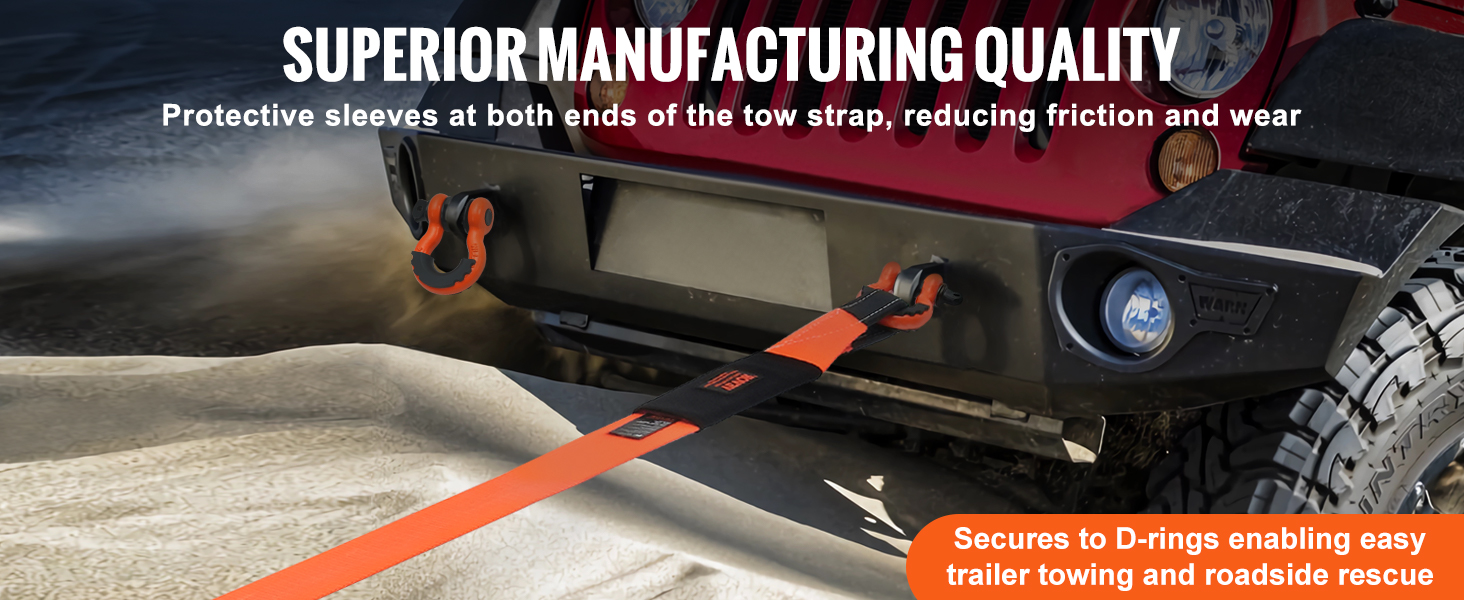 VEVOR heavy duty tow strap attached to red vehicle's d-rings, ideal for trailer towing and roadside rescue.