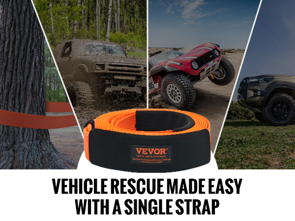 VEVOR heavy duty tow strap securing vehicles in woods, mud, sand, and on grass terrain.