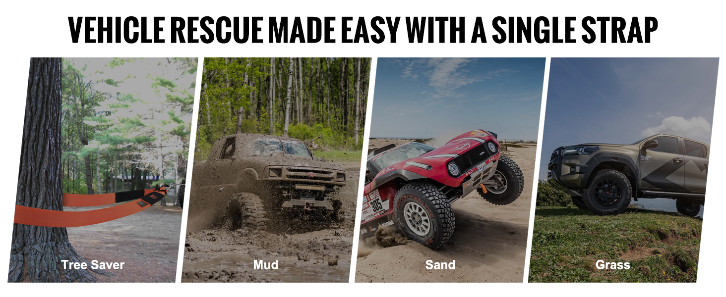 VEVOR heavy duty tow strap securing vehicles in woods, mud, sand, and on grass terrain.