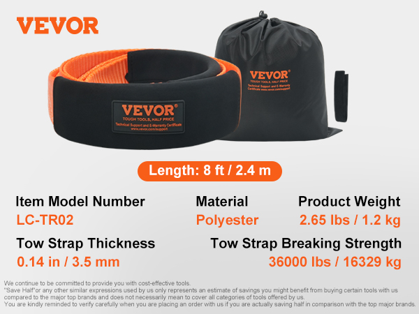 VEVOR tow strap, 8 ft length, polyester, 36000 lbs strength, item model lc-tr02, includes storage bag.