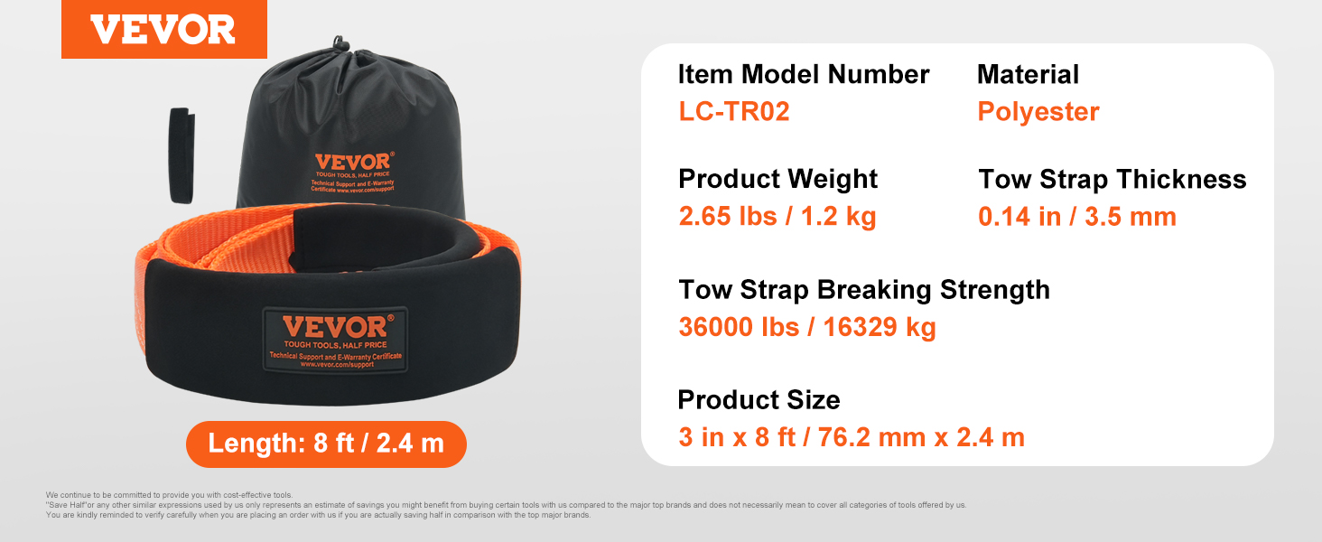 VEVOR tow strap, 8 ft length, polyester, 36000 lbs strength, item model lc-tr02, includes storage bag.