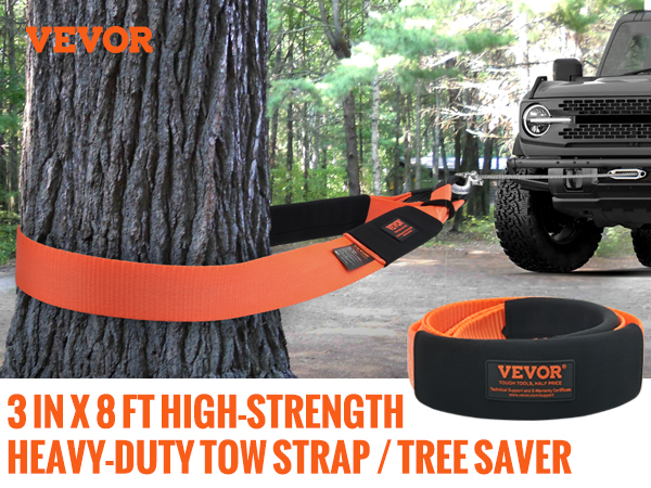VEVOR tow strap attached to a tree and a vehicle in a forest, showcasing heavy-duty strength and durability.