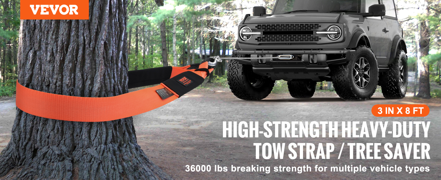 VEVOR tow strap attached to a tree and a vehicle in a forest, showcasing heavy-duty strength and durability.