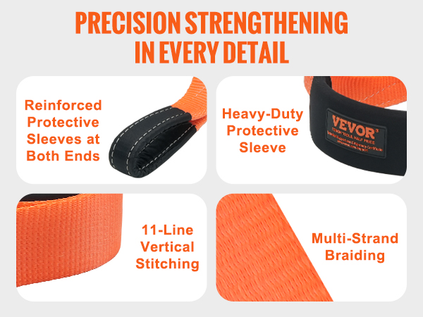 VEVOR tow strap with reinforced sleeves, heavy-duty protective sleeve, multi-strand braiding, and 11-line stitching.