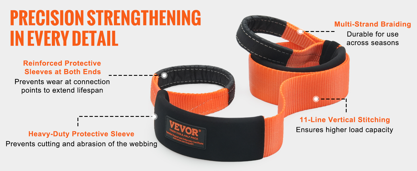 VEVOR tow strap with reinforced sleeves, heavy-duty protective sleeve, multi-strand braiding, and 11-line stitching.