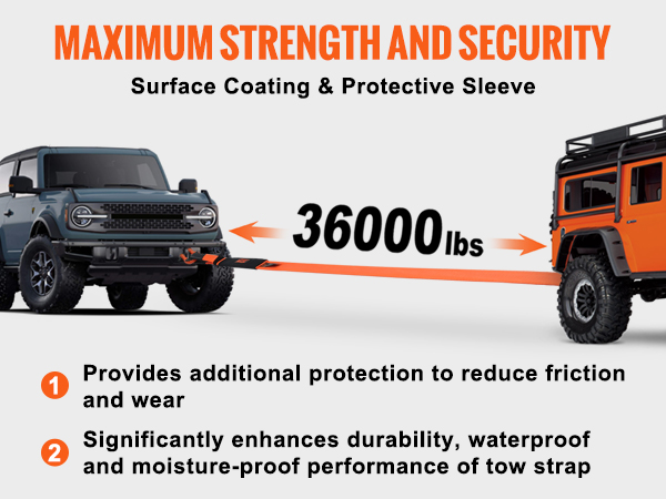 two off-road vehicles with an orange VEVOR tow strap rated for 36,000lbs and protective sleeve.