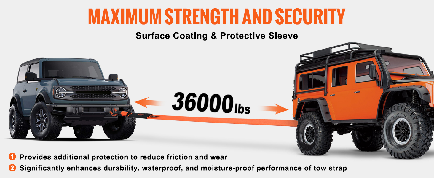 two off-road vehicles with an orange VEVOR tow strap rated for 36,000lbs and protective sleeve.
