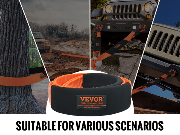VEVOR tow strap used for tree saver, mud towing, v-bridle strap, and emergency hauling scenarios.