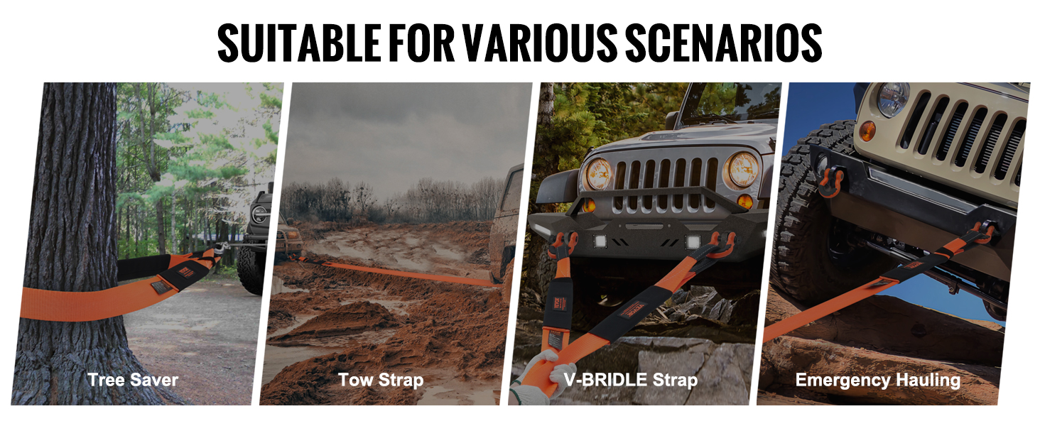 VEVOR tow strap used for tree saver, mud towing, v-bridle strap, and emergency hauling scenarios.