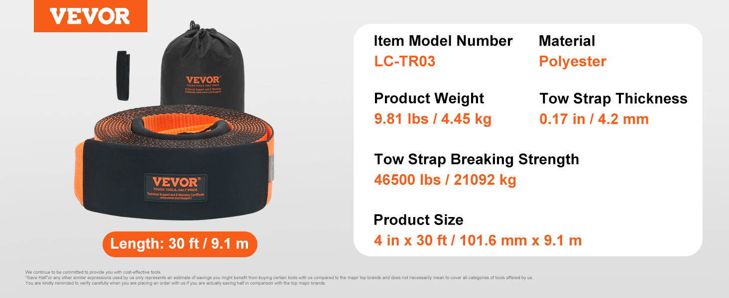 VEVOR recovery tow strap, 30 ft length, 46500 lbs strength, polyester material, model lc-tr03.