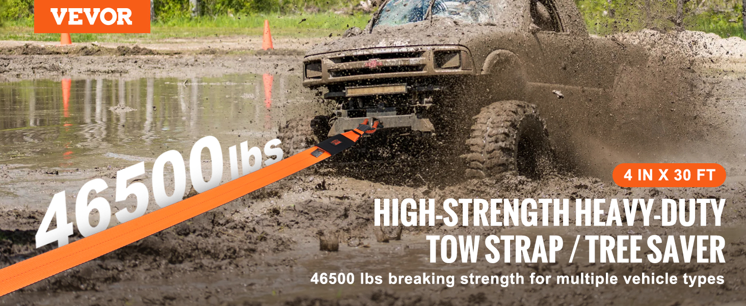 VEVOR recovery tow strap pulling a muddy off-road vehicle, 46500 lbs breaking strength, 4 in x 30 ft.