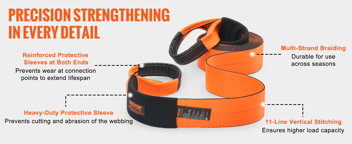 VEVOR recovery tow strap with reinforced protective sleeves, multi-strand braiding, and heavy-duty stitching.