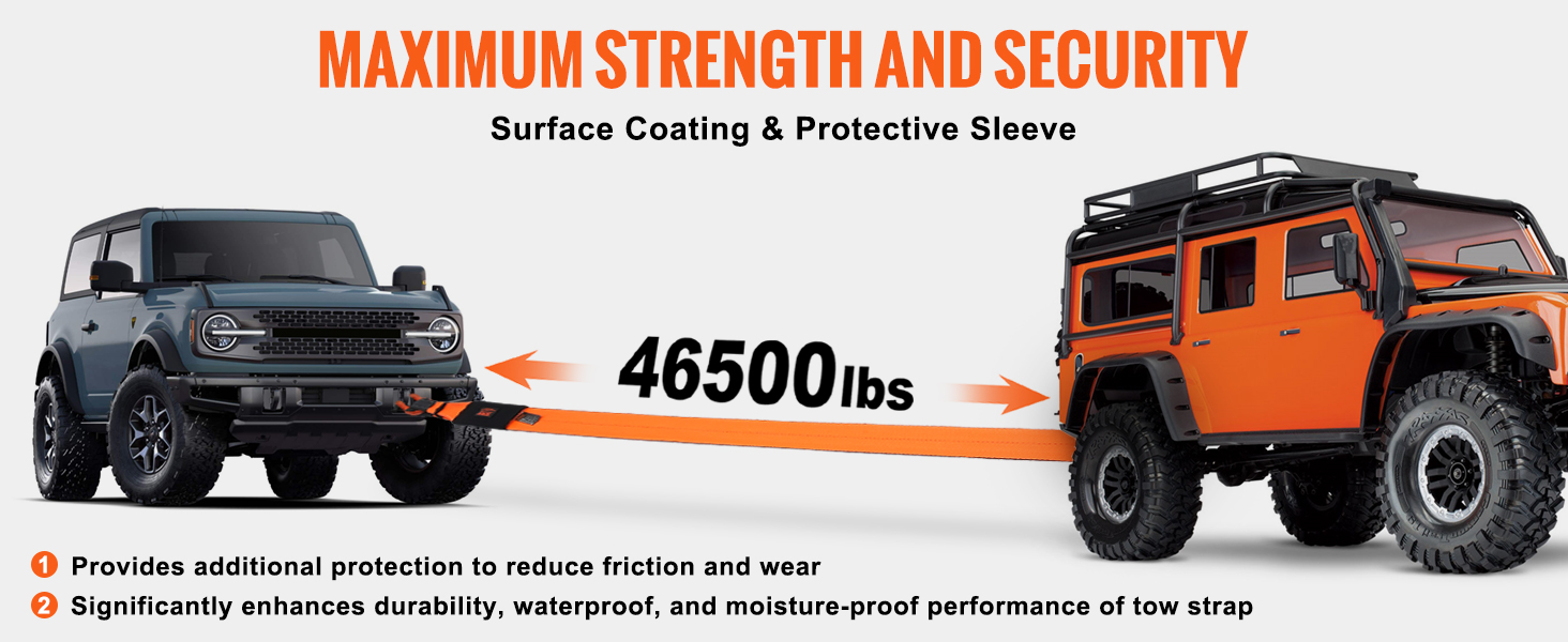 two vehicles connected by an orange VEVOR recovery tow strap, emphasizing 46,500 lbs strength.