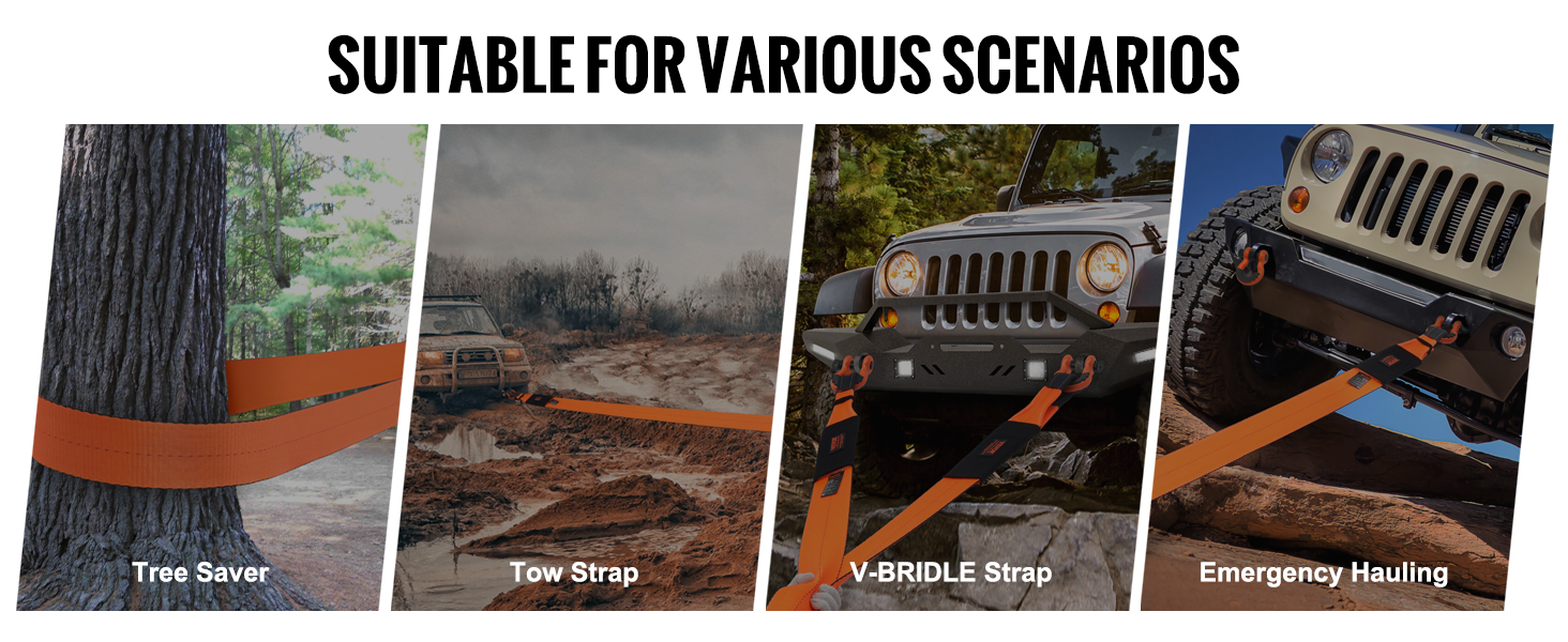VEVOR recovery tow strap for tree saver, mud towing, v-bridle strap, and emergency hauling scenarios.