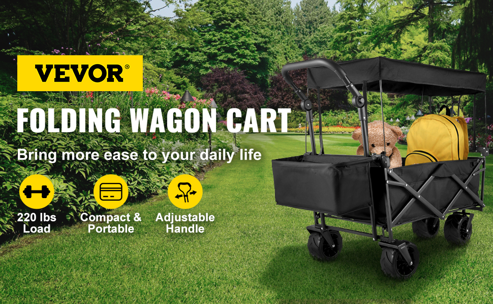 VEVOR collapsible garden cart with canopy, teddy bear, and backpack in a lush garden.