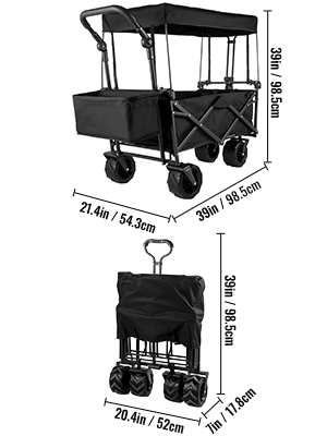 VEVOR collapsible garden cart with dimensions and folding capability shown.
