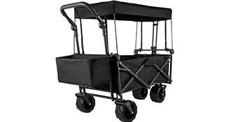 black VEVOR collapsible garden cart with canopy and sturdy wheels.