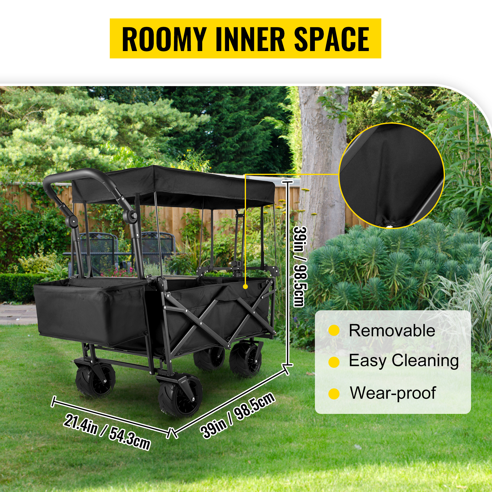 VEVOR collapsible garden cart with canopy, spacious interior, and durable fabric.