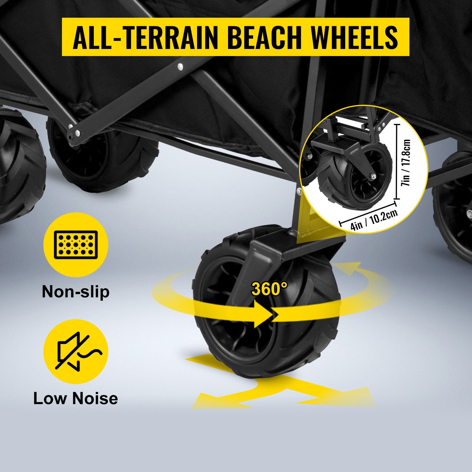 VEVOR collapsible garden cart with 360° all-terrain beach wheels, non-slip, low noise.