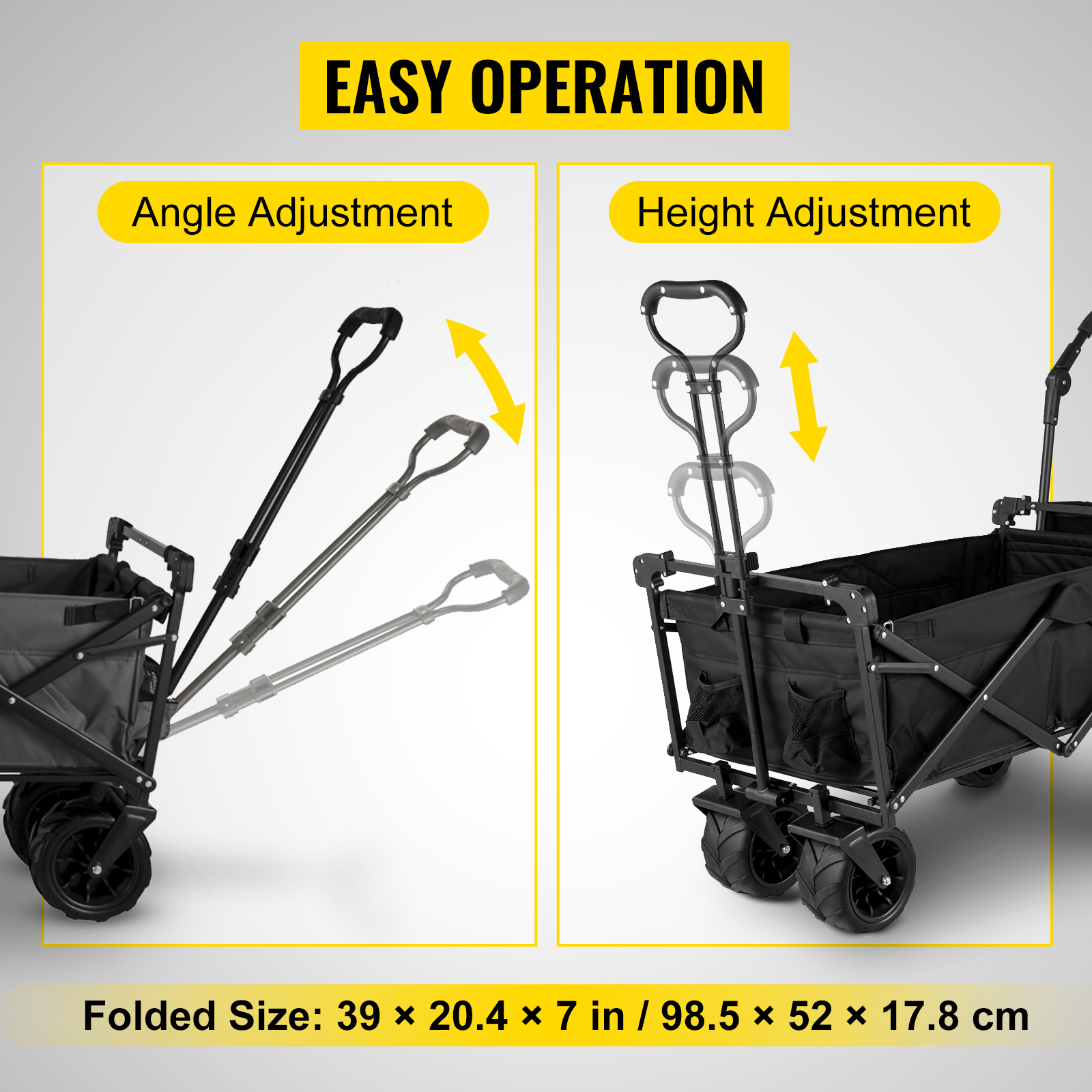 VEVOR collapsible garden cart with adjustable handle for easy height and angle adjustments.