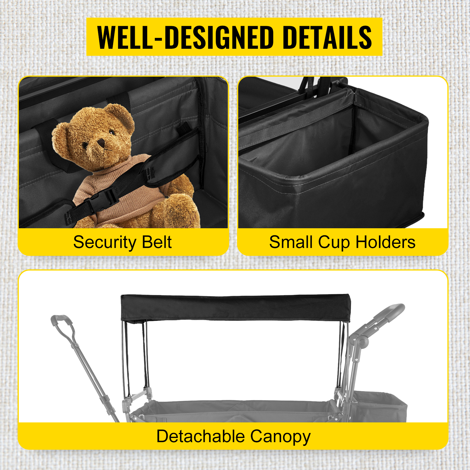 VEVOR collapsible garden cart features security belt, cup holders, and detachable canopy.