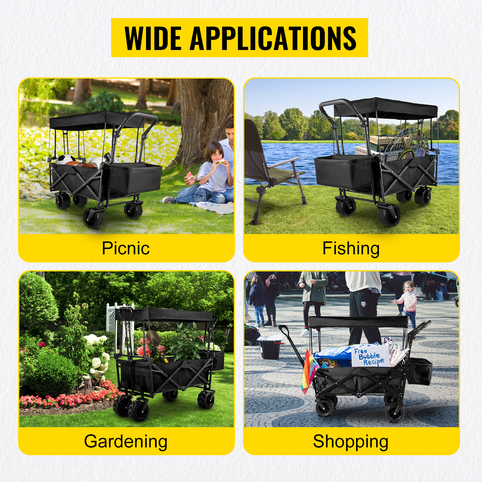 VEVOR collapsible garden cart uses: picnic, fishing, gardening, shopping.