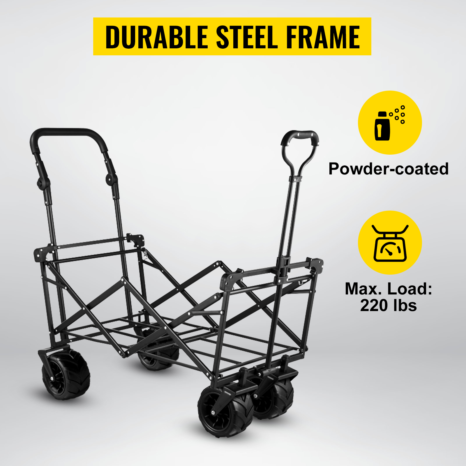 VEVOR collapsible garden cart with durable steel frame, powder-coated, max load 220 lbs.