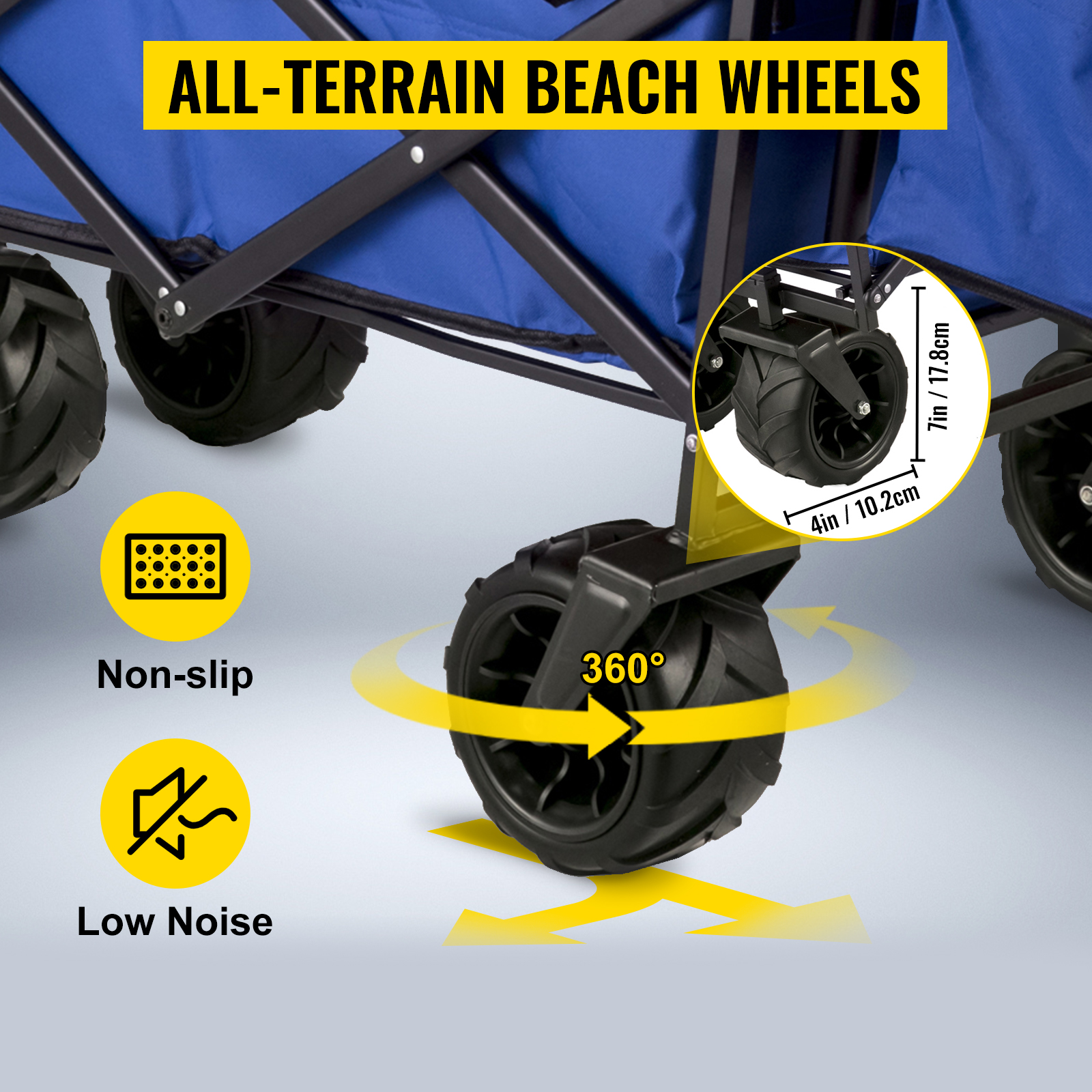 VEVOR collapsible garden cart with all-terrain wheels, 360° rotation, non-slip, low noise.