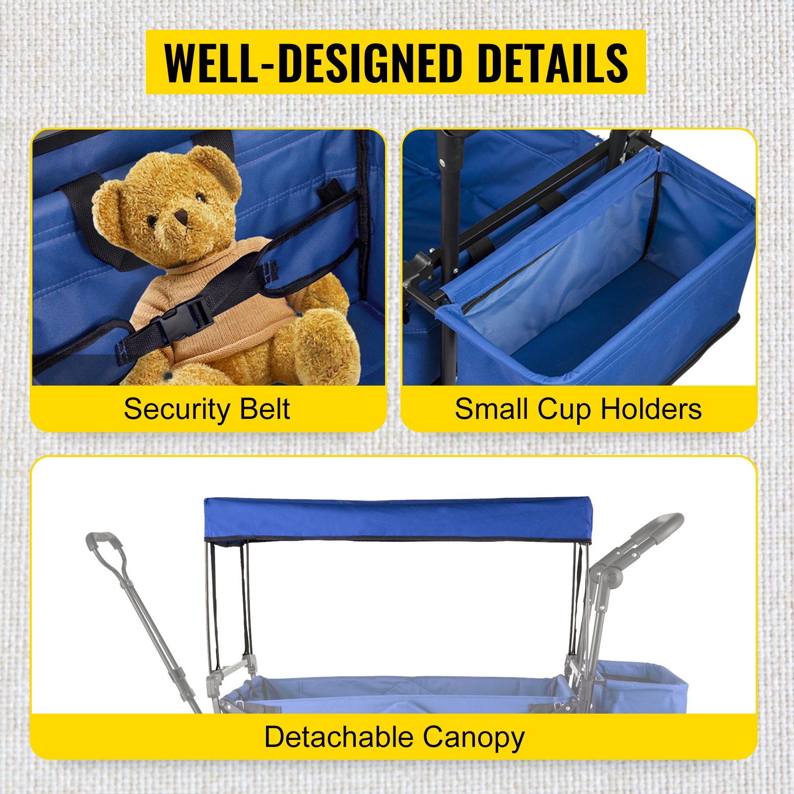 VEVOR collapsible garden cart with security belt, small cup holders, and detachable canopy.