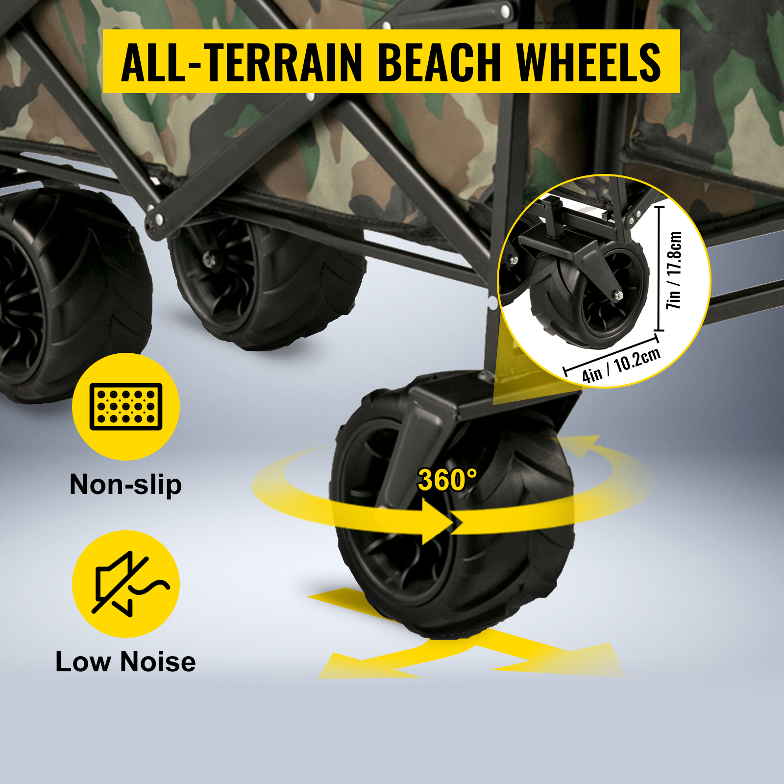 VEVOR kokkupandav vagun all-terrain beach rattad, mitte-libisemine, ja madal müratase.