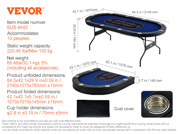 VEVOR poker table accommodates 10 people, foldable, 66.4 lbs, with cup holders and carrying case.