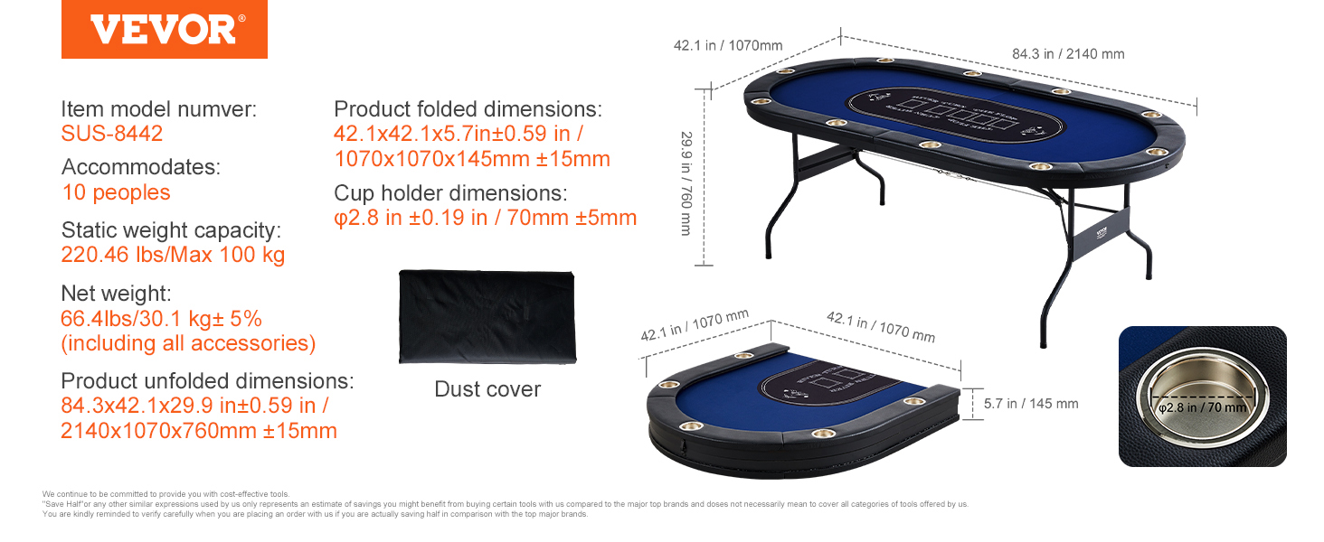 VEVOR poker table accommodates 10 people, foldable, 66.4 lbs, with cup holders and carrying case.