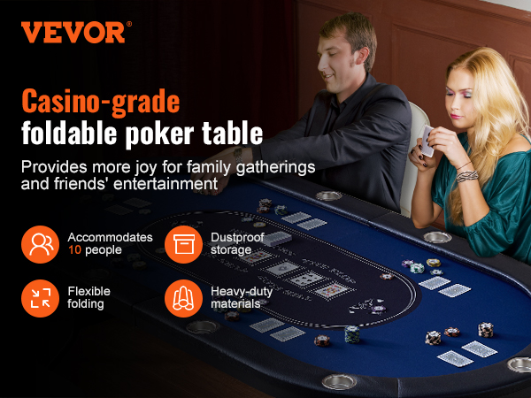 VEVOR poker table, casino-grade, foldable, accommodates 10, perfect for family gatherings and friends.