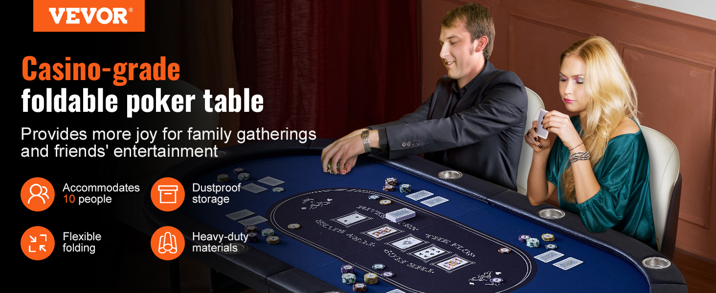 VEVOR poker table, casino-grade, foldable, accommodates 10, perfect for family gatherings and friends.
