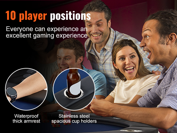 10 player positions VEVOR poker table with thick waterproof armrest and stainless steel cup holders.