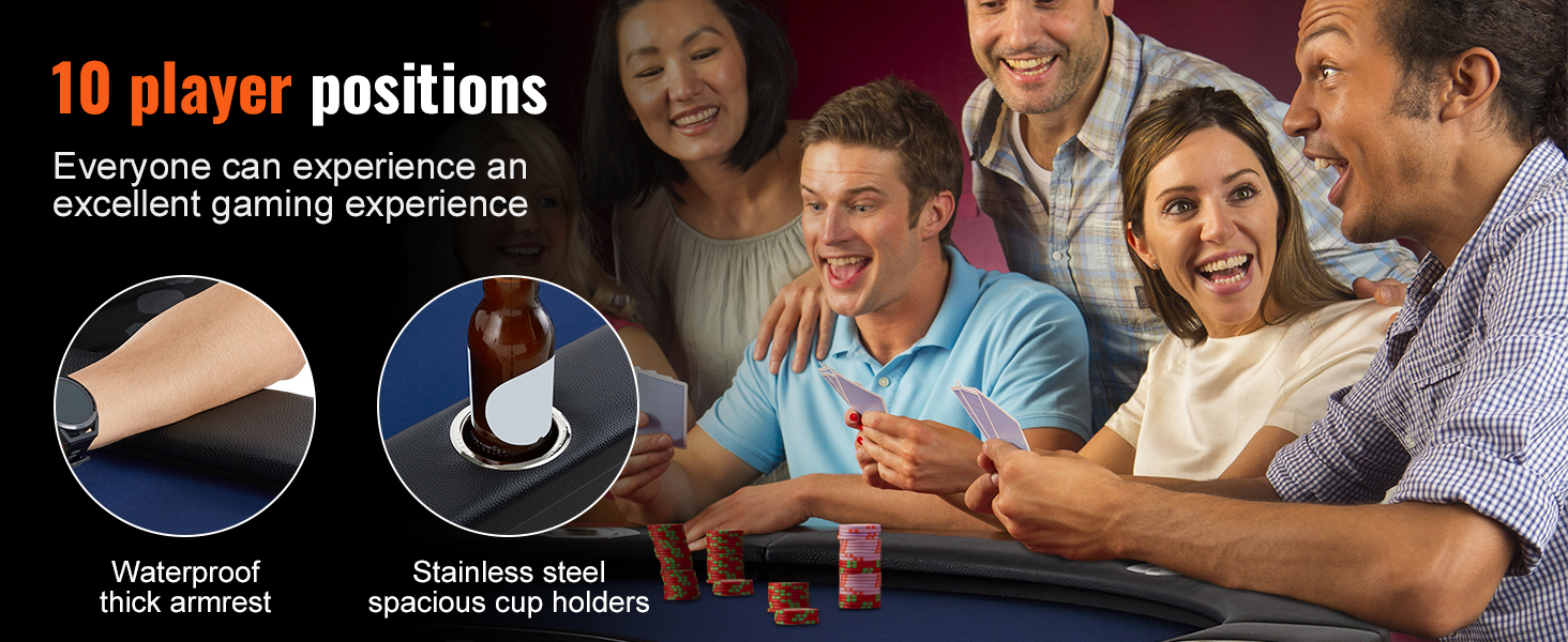 10 player positions VEVOR poker table with thick waterproof armrest and stainless steel cup holders.