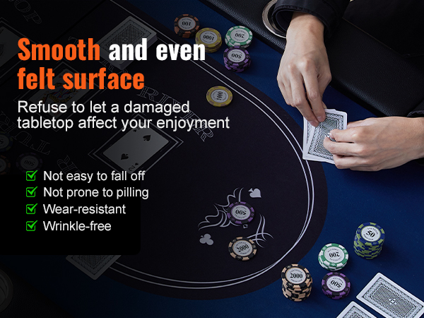 VEVOR poker table with smooth felt, playing cards, and poker chips, emphasizing durability and enjoyment.