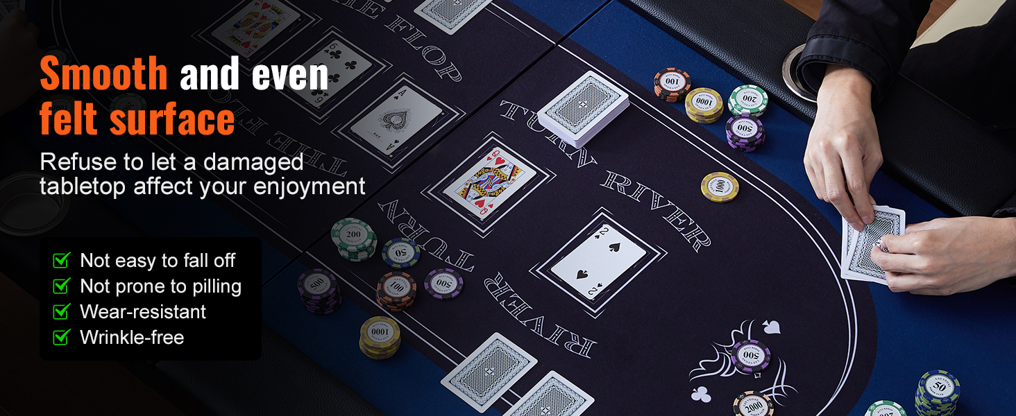 VEVOR poker table with smooth felt, playing cards, and poker chips, emphasizing durability and enjoyment.