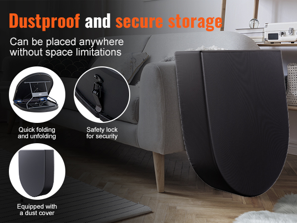 dustproof and secure VEVOR poker table stored beside a modern sofa, highlighting quick folding and safety lock features.