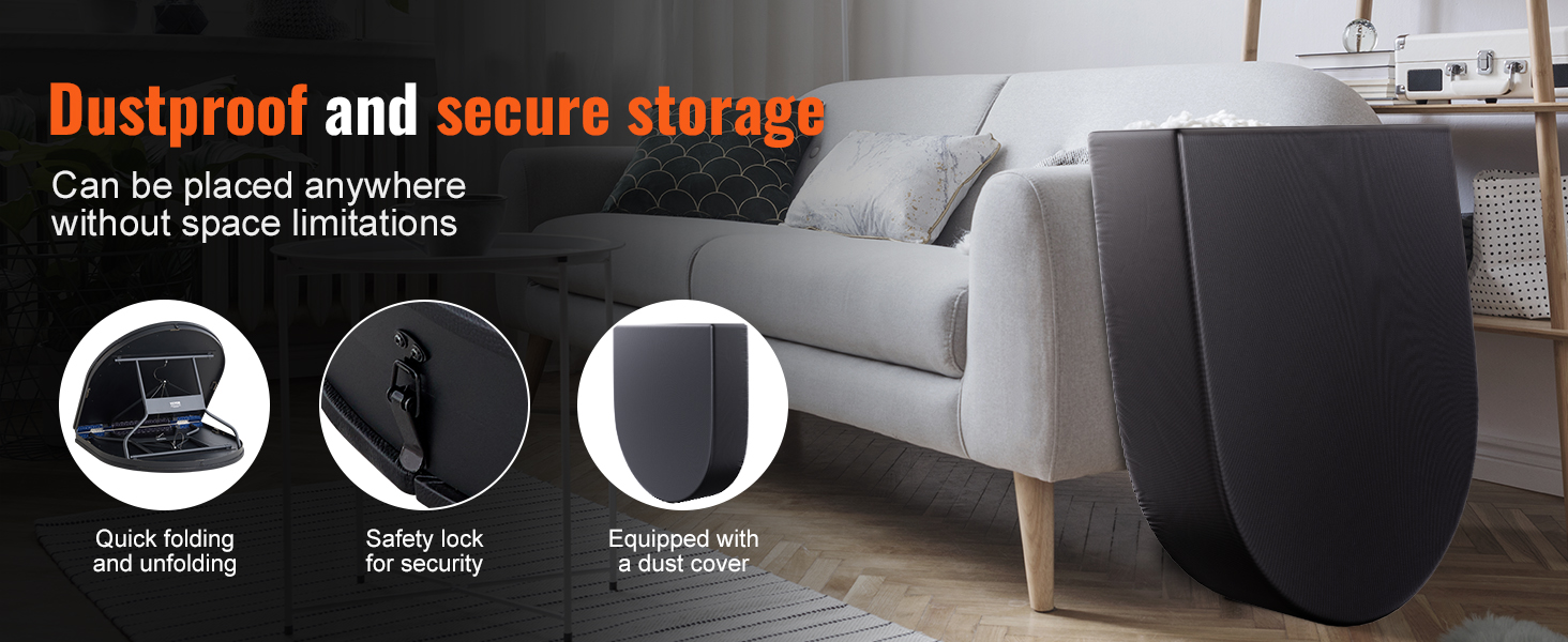 dustproof and secure VEVOR poker table stored beside a modern sofa, highlighting quick folding and safety lock features.