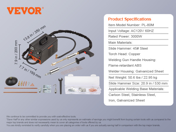 VEVOR stud welder dent repair kit with accessories, specifications listed for model pl-80m.