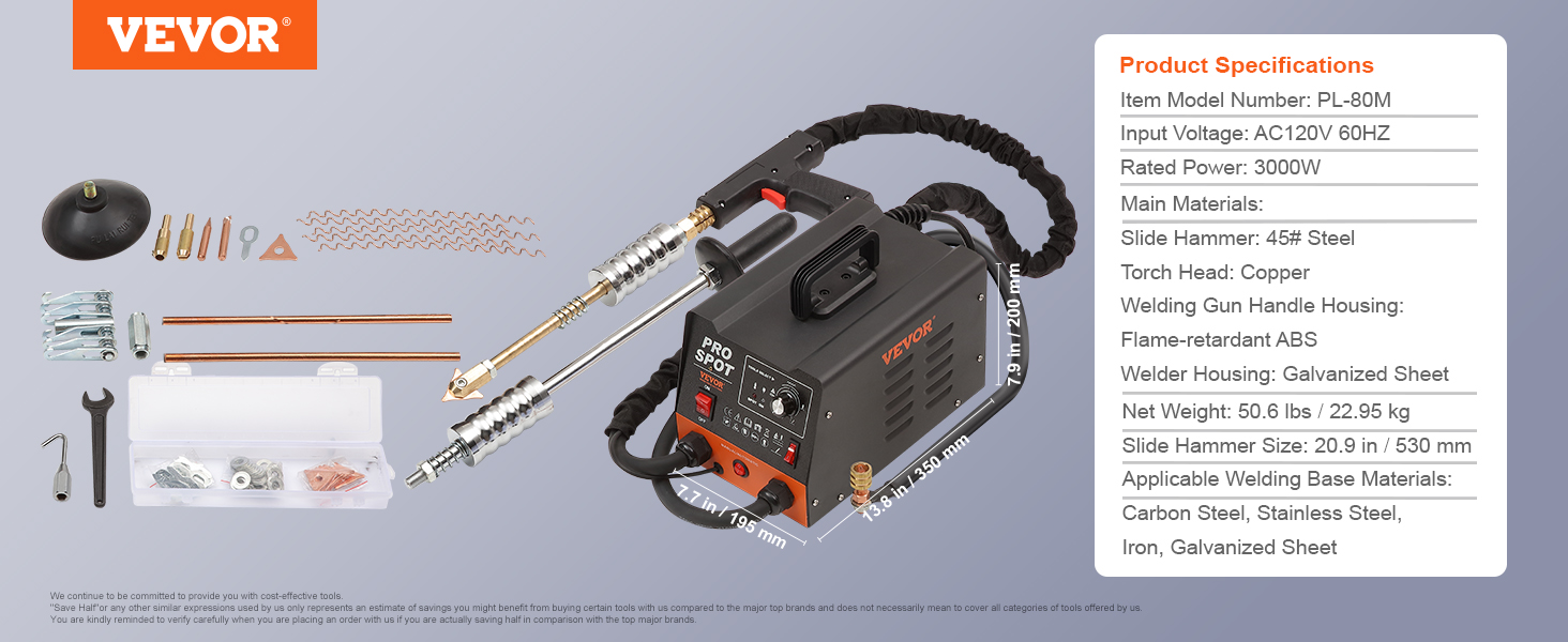 VEVOR stud welder dent repair kit with accessories, specifications listed for model pl-80m.