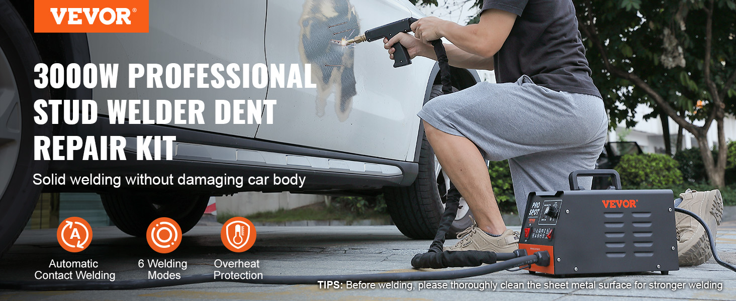 VEVOR stud welder dent repair kit being used on a car, showcasing automatic contact welding and 6 modes.