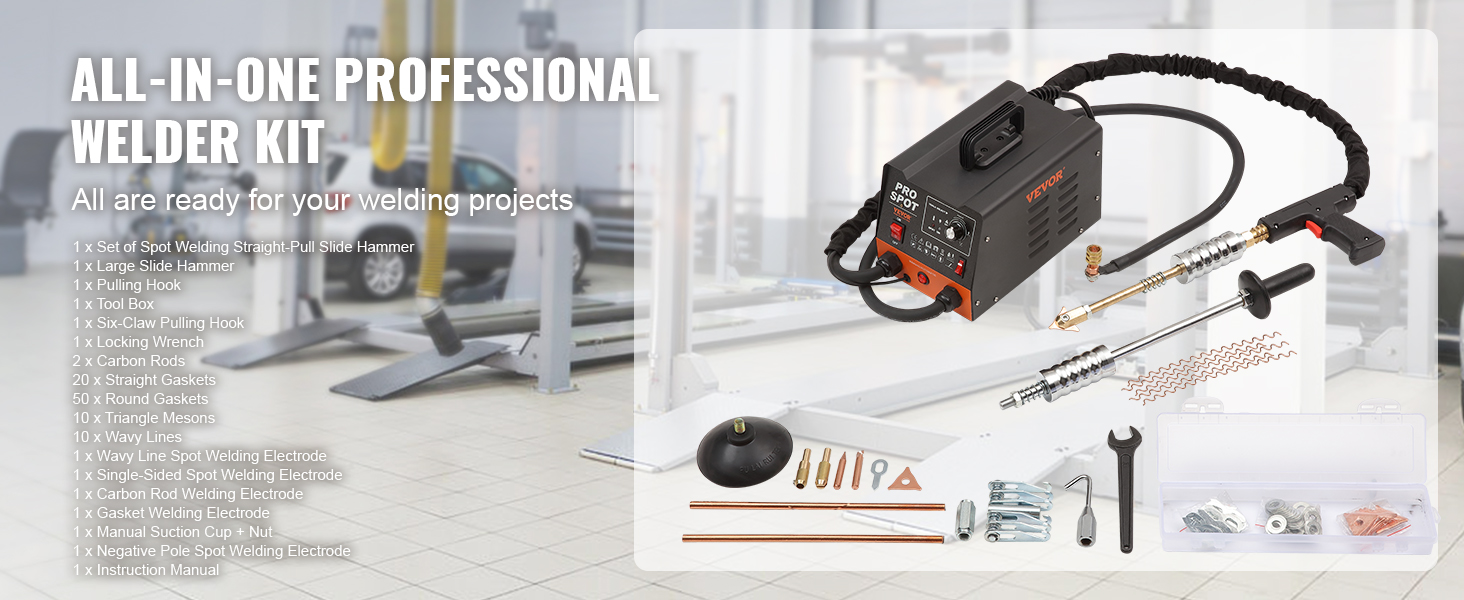 all-in-one professional welder kit with VEVOR stud welder dent repair kit and accessories.